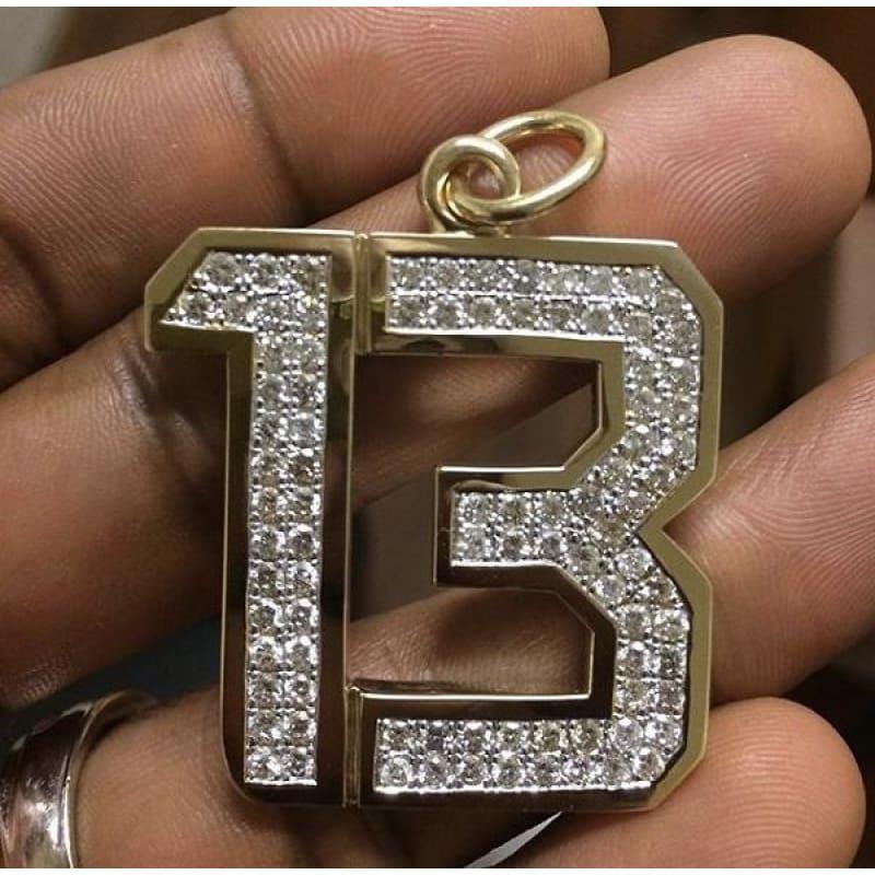 14k Gold Team Number Double Row Diamond Pendant - Seattle Gold Grillz