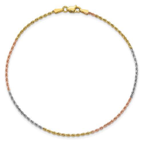 14k Tri-Color 1.5mm Diamond-cut Rope Anklet - Seattle Gold Grillz