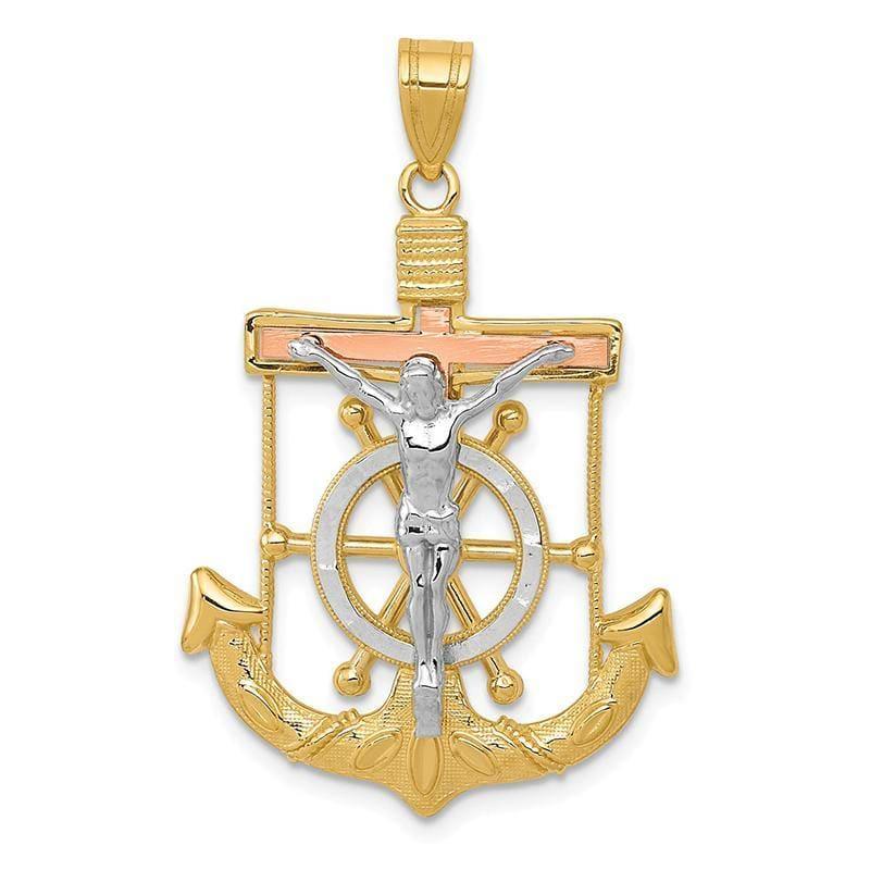 14k Tri-color Diamond-cut w-Textured Mariner's Cross Pendant. Weight: 2.62, Length: 35, Width: 22 - Seattle Gold Grillz