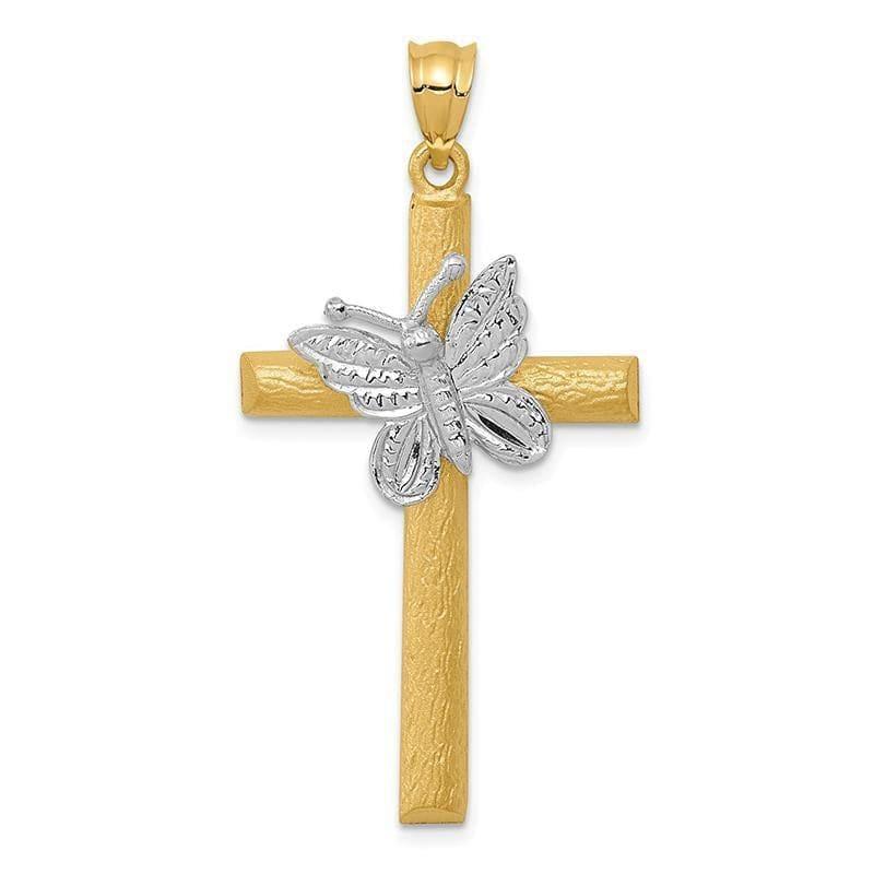 14k Two-tone Cross w-Butterfly Pendant. Weight: 2.81, Length: 43, Width: 22 - Seattle Gold Grillz