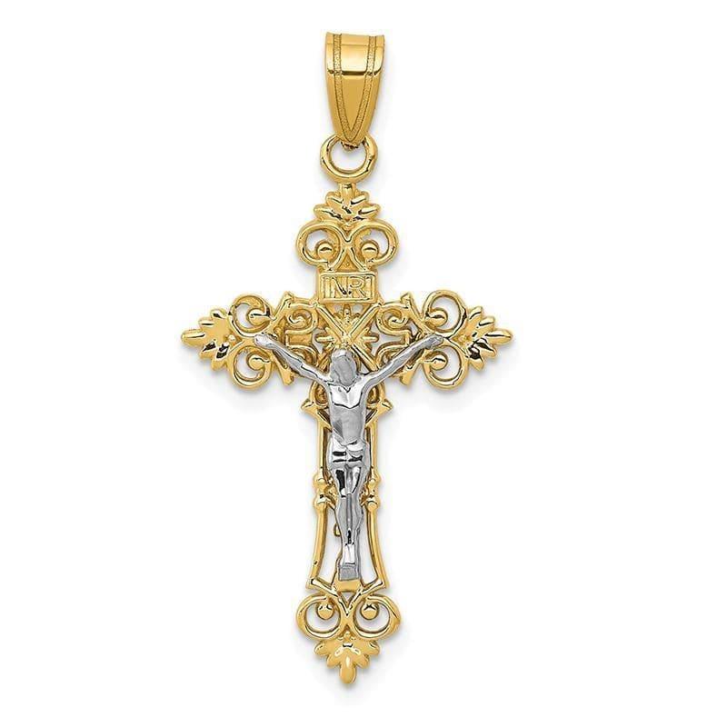 14K Two-tone Medium Lacey-edged INRI Crucifix Pendant. Weight: 1.74, Length: 35, Width: 18 - Seattle Gold Grillz