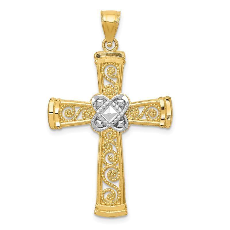14k w-Rhodium Diamond-cut Filigree Cross Pendant - Seattle Gold Grillz