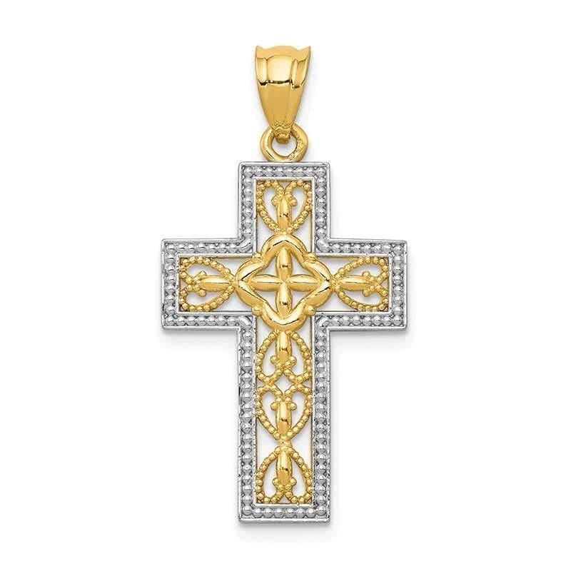 14k w-White Rhodium Polished Filigree Cross Pendant - Seattle Gold Grillz