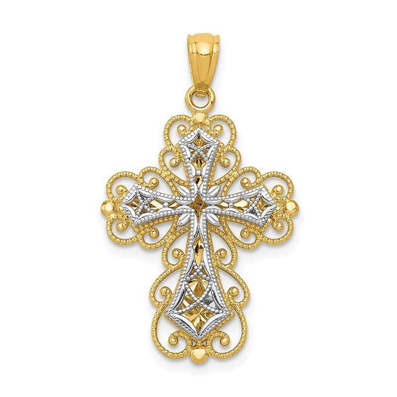 14k Y-W Gold Polished 2 Level Filigree Cross Pendant - Seattle Gold Grillz