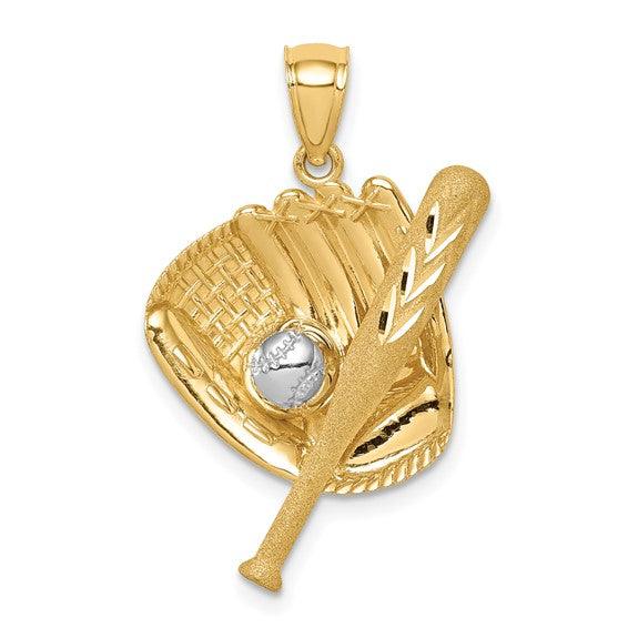 14K Diamond Cut Baseball Bat Glove Ball Pendant