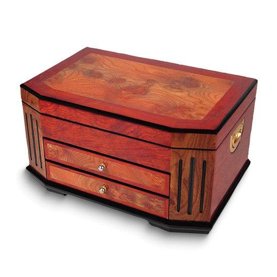 High Gloss Burlwood Finish with Black Accents Two Drawer Wooden Jewelry Box