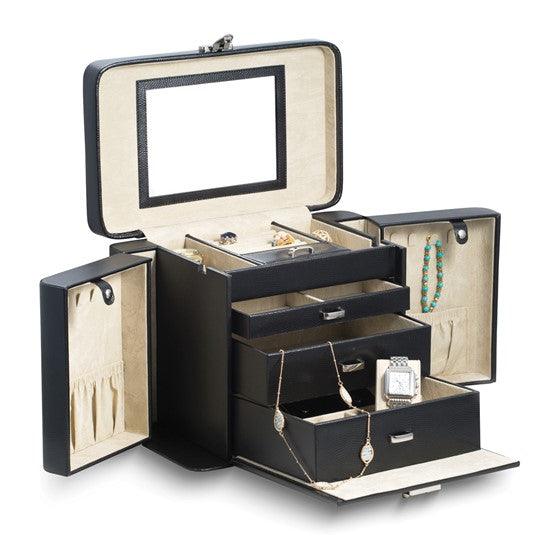 Black Lizard Textured Leather with Mirror Swing-out Sides 3-Drawer Jewelry Case