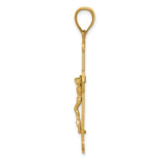 14K Gold Polished 2-D Crucifix with Jesus on Engraved Cross Pendant