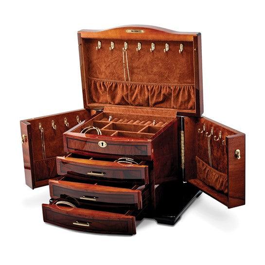 High Gloss Poplar Veneer with Burlwood Inlay 3-drawer with Swing-out Sides Locking Wooden Jewelry Chest
