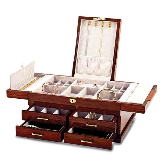 High Gloss Bubinga Veneer with Mapa Burl and Scrolled Inlay Fold-out Top 4-drawer Locking Wooden Jewelry Box
