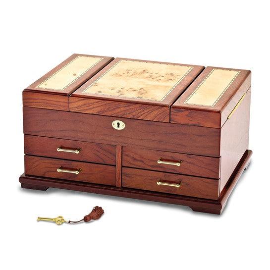 High Gloss Bubinga Veneer with Mapa Burl and Scrolled Inlay Fold-out Top 4-drawer Locking Wooden Jewelry Box