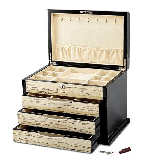 Black Oak Veneer with Iced Maple Veneer 3-drawer Locking Wooden Jewelry Chest