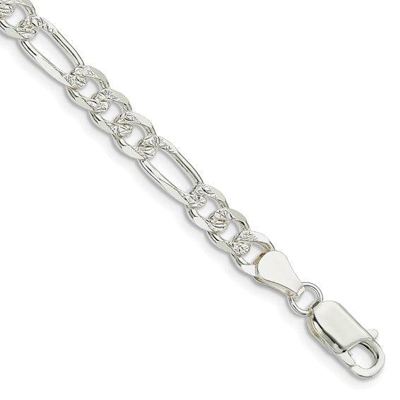Sterling Silver 5.5mm Pave Flat Figaro Bracelet