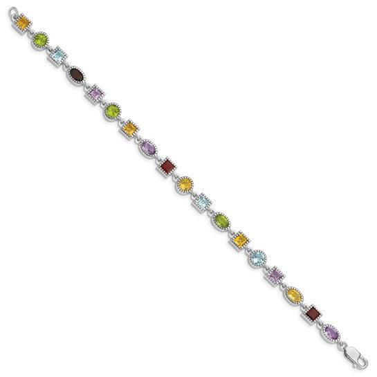 Sterling Silver 7 inch Rhodium Plated Rainbow Semi Precious Stone Bracelet