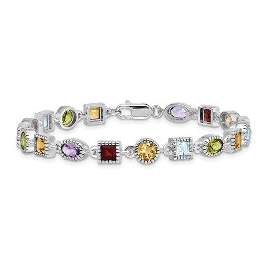 Sterling Silver 7 inch Rhodium Plated Rainbow Semi Precious Stone Bracelet