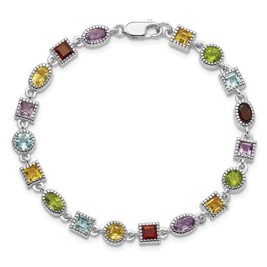 Sterling Silver 7 inch Rhodium Plated Rainbow Semi Precious Stone Bracelet