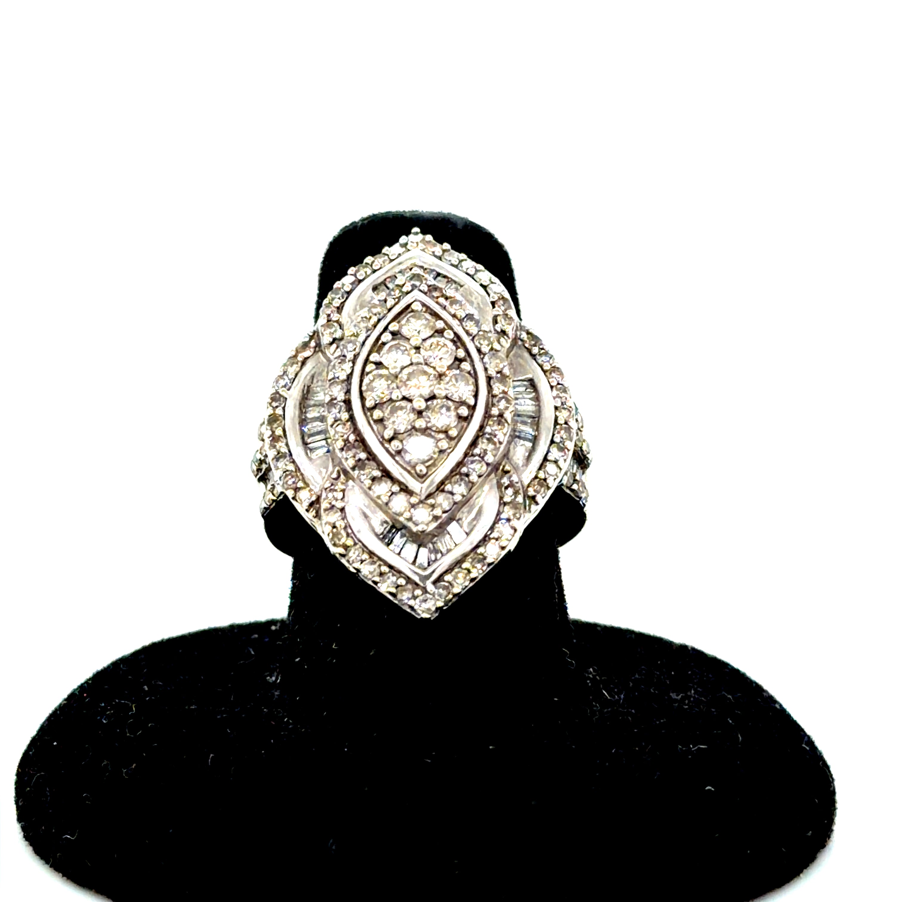 14k White Gold Multi-Row Diamond Ring with Baguette Accents