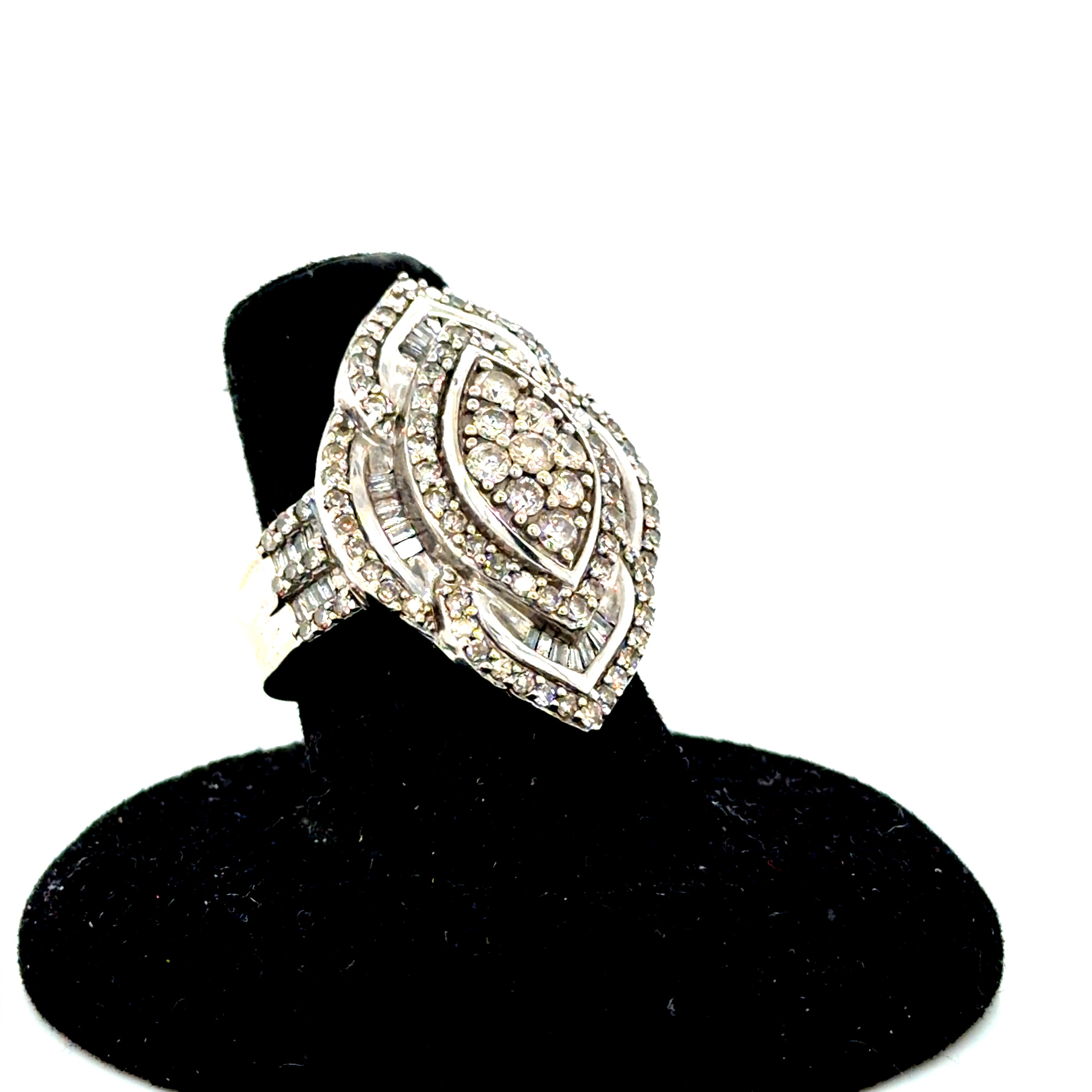 14k White Gold Multi-Row Diamond Ring with Baguette Accents