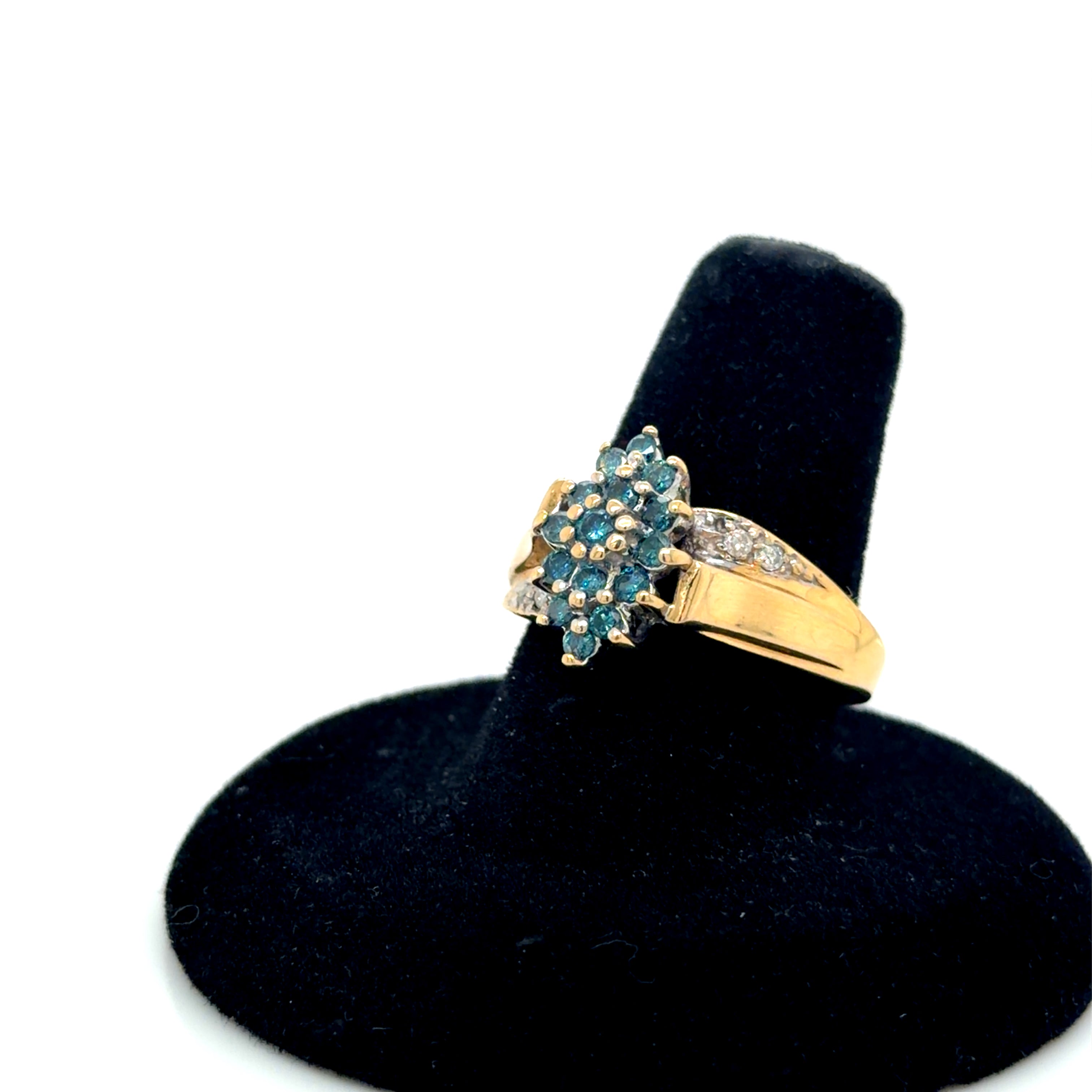 14k Gold Blue & White Diamond Cluster Ring 3.8g
