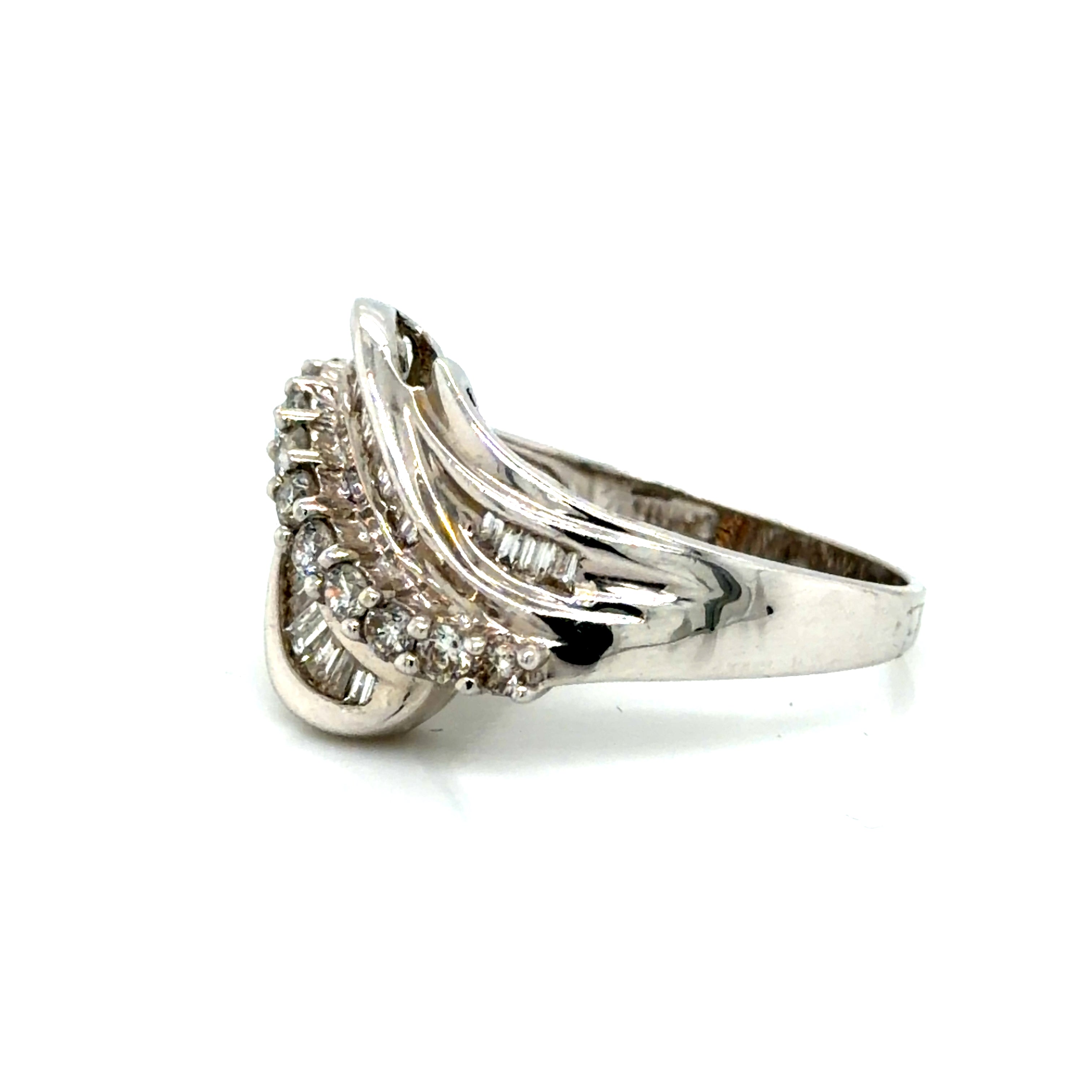 14k White Gold Diamond Ring with Baguette Accents