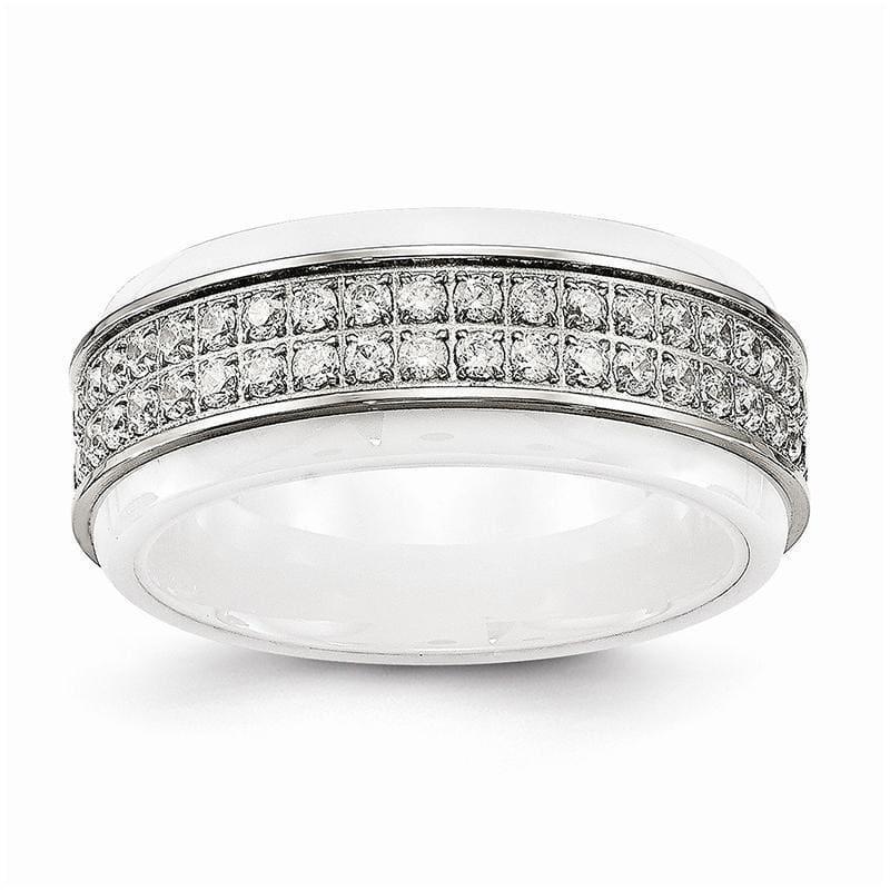 Stainless Steel Polished White Ceramic CZ Ridged edge Ring - Seattle Gold Grillz