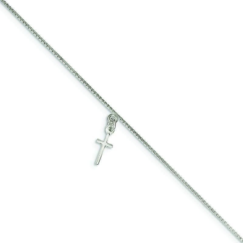 Sterling Silver 10 Inch Solid Polished Cross on Box Chain Anklet - Seattle Gold Grillz