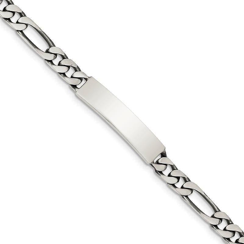 Sterling Silver 7inch Engraveable Antiqued Figaro Link ID Bracelet - Seattle Gold Grillz