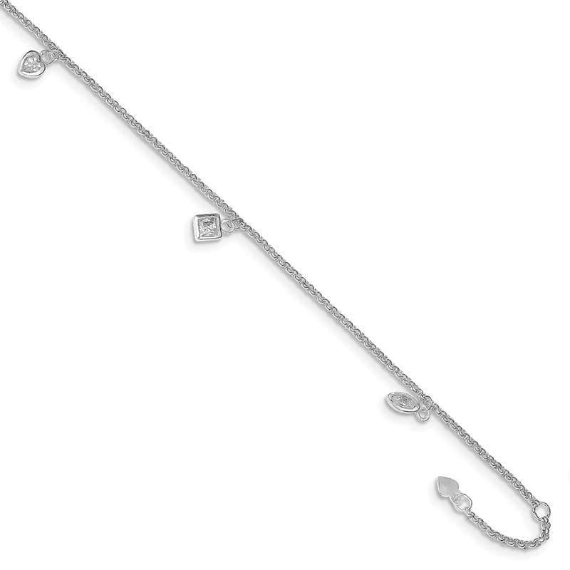 Sterling Silver 9 1in ext Hanging CZ Charms Anklet | Weight: 3.38 grams, Length: 9mm, Width: mm - Seattle Gold Grillz