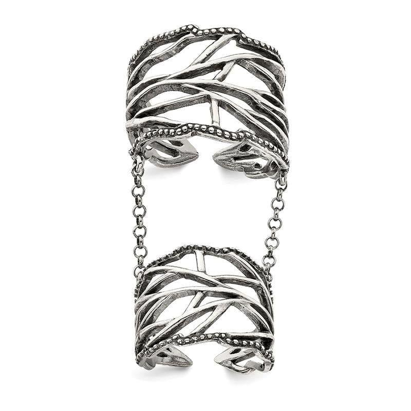Sterling Silver Antiqued Polished Textured Full Finger Adjustable Ring - Seattle Gold Grillz