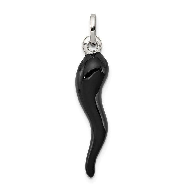 Sterling Silver Black Enamel Italian Horn Pendant | Weight: 1.8 grams, Length: 33mm, Width: 7mm - Seattle Gold Grillz