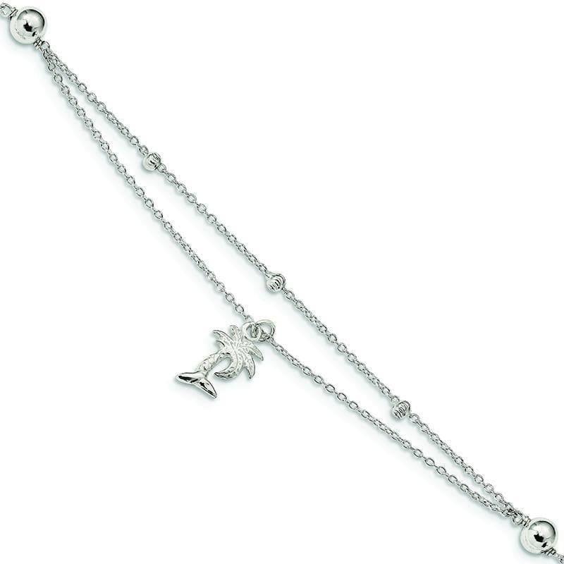 Sterling Silver Polished 2-Strand Palm Tree 9in w-1in Ext Anklet | Weight: 2.77 grams, Length: 9mm, Width: 1mm - Seattle Gold Grillz