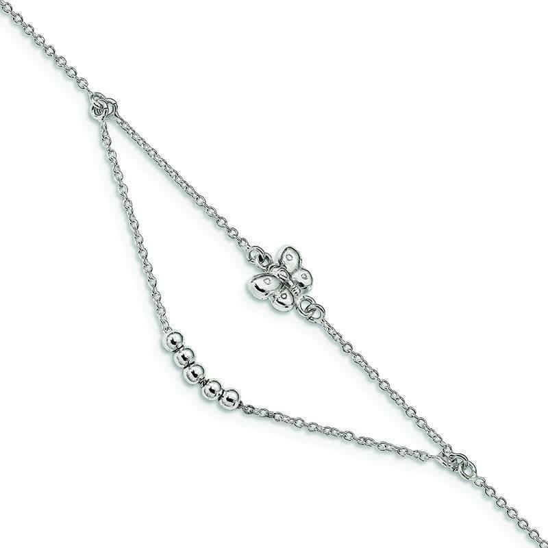 Sterling Silver Polished 9in w-1in ext Butterfly Anklet | Weight: 2.17 grams, Length: 9mm, Width: 1mm - Seattle Gold Grillz