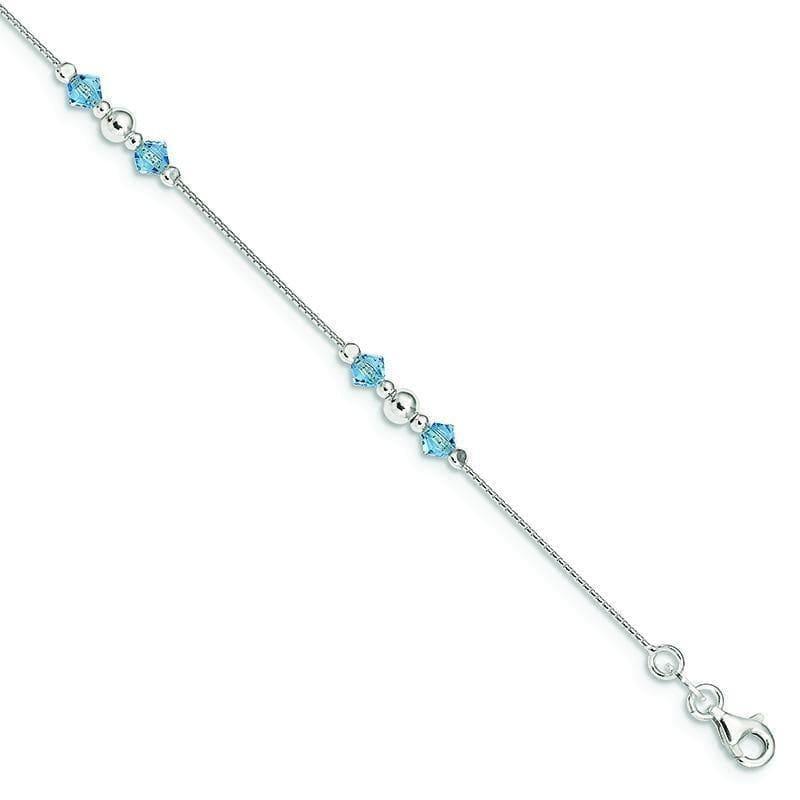 Sterling Silver Polished Bead and CZ w-1in. Ext. Anklet | Weight: 2.63 grams, Length: 9mm, Width: mm - Seattle Gold Grillz