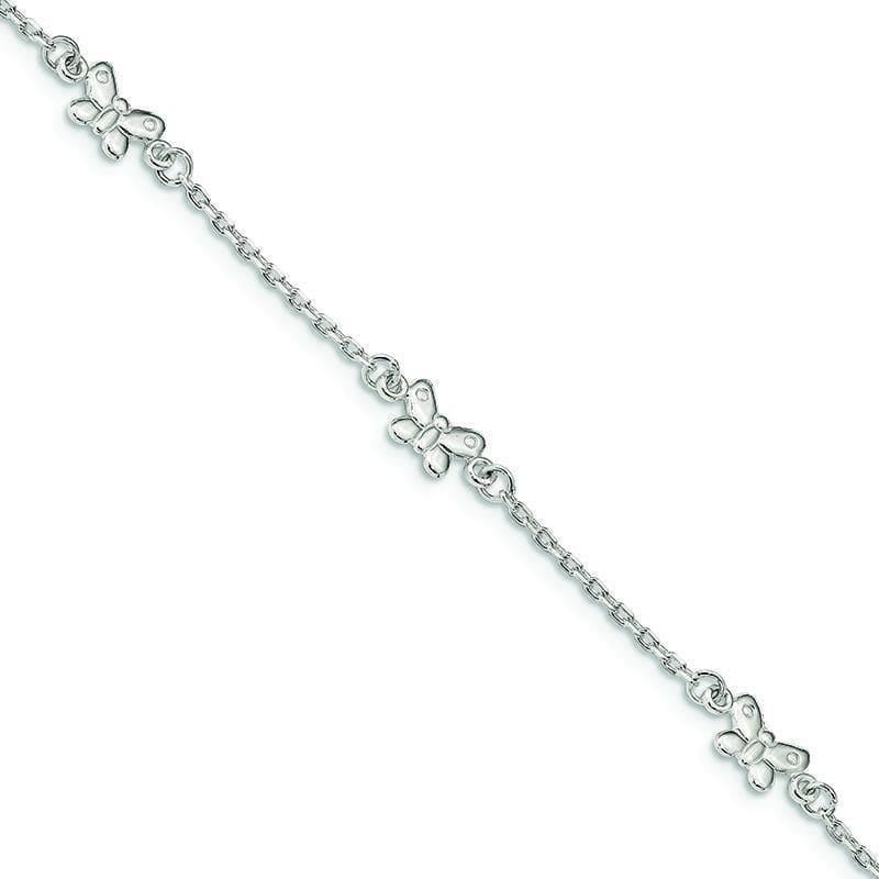 Sterling Silver Polished Butterfly 9in w-1in ext Anklet | Weight: 3.79 grams, Length: 9mm, Width: 1.5mm - Seattle Gold Grillz