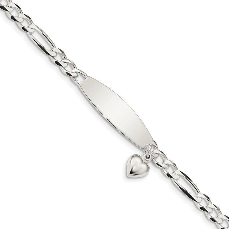 Sterling Silver Polished Figaro ID Heart Dangle Bracelet | Weight: 9.32 grams, Length: 7.5mm, Width: 5.25mm - Seattle Gold Grillz