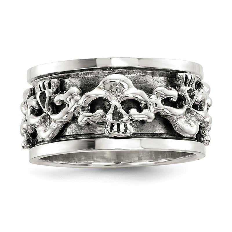 Sterling Silver Polished Spinning Center Antiqued Skull Ring - Seattle Gold Grillz