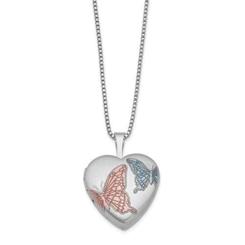 Sterling Silver Rhodium-plated 16mm Enameled Butterfly Heart Locket - Seattle Gold Grillz