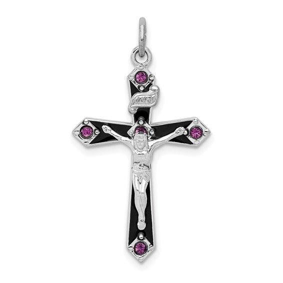 Sterling Silver Rhodium-plated Black Epoxy Purple CZ INRI Cross Pendant - Seattle Gold Grillz