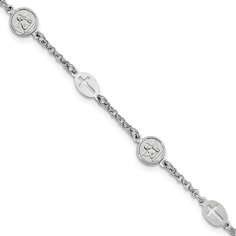 Sterling Silver Rhodium Plated Cross & Angel Bracelet | Weight: 3.49 grams, Length: 7.5mm, Width: 2.3mm - Seattle Gold Grillz