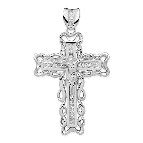 Sterling Silver Rhodium-plated CZ Crucifix Pendant - Seattle Gold Grillz