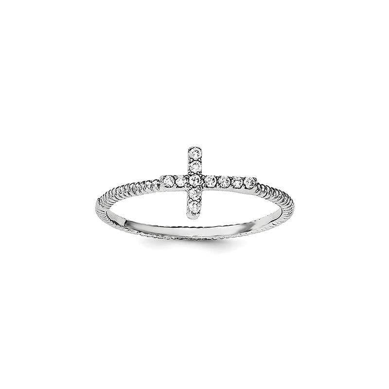 Sterling Silver Rhodium-plated Polished & Textured CZ Cross Ring - Seattle Gold Grillz