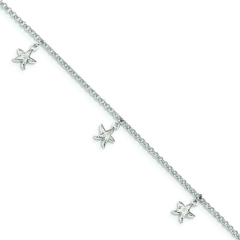 Sterling Silver Starfish Dangles 9 inch w-1 inch ext. Anklet | Weight: 3.14 grams, Length: 9mm, Width: 1.5mm - Seattle Gold Grillz