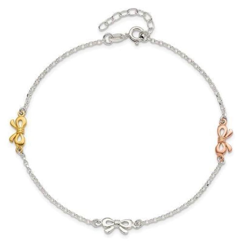 Sterling Silver Yellow & Rose-tone Bows 9in w-1in Anklet - Seattle Gold Grillz