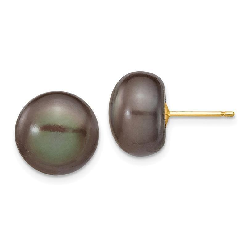 14k 11-12mm Black Button Freshwater Cultured Pearl Stud Earrings - Seattle Gold Grillz