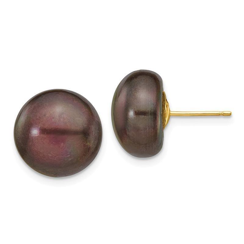 14k 12-13mm Black Button Freshwater Cultured Pearl Stud Earrings - Seattle Gold Grillz