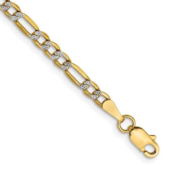 14k 3.2mm Semi-solid Pave Figaro Bracelet - Seattle Gold Grillz