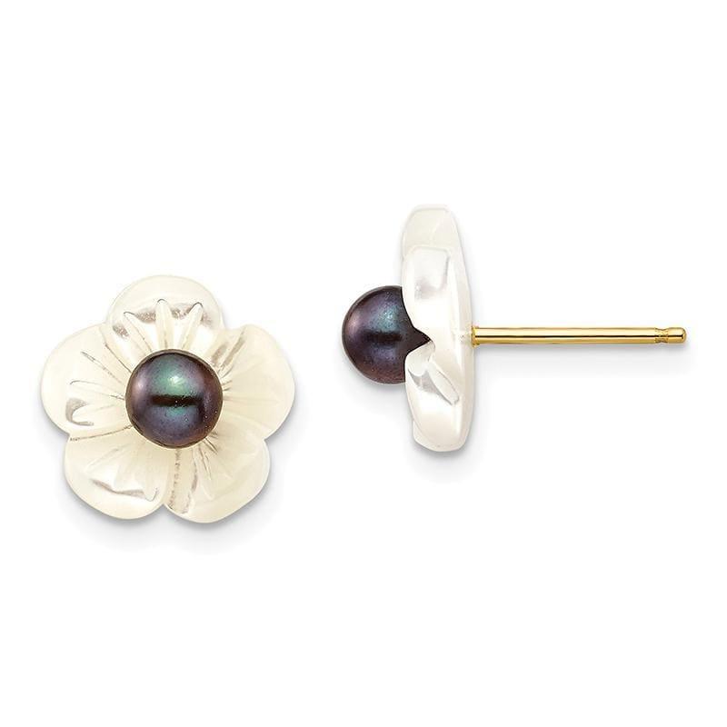 14k 3-4mm Black FW Cultured Pearl w-10 mm MOP Flower Post Stud Earrings - Seattle Gold Grillz