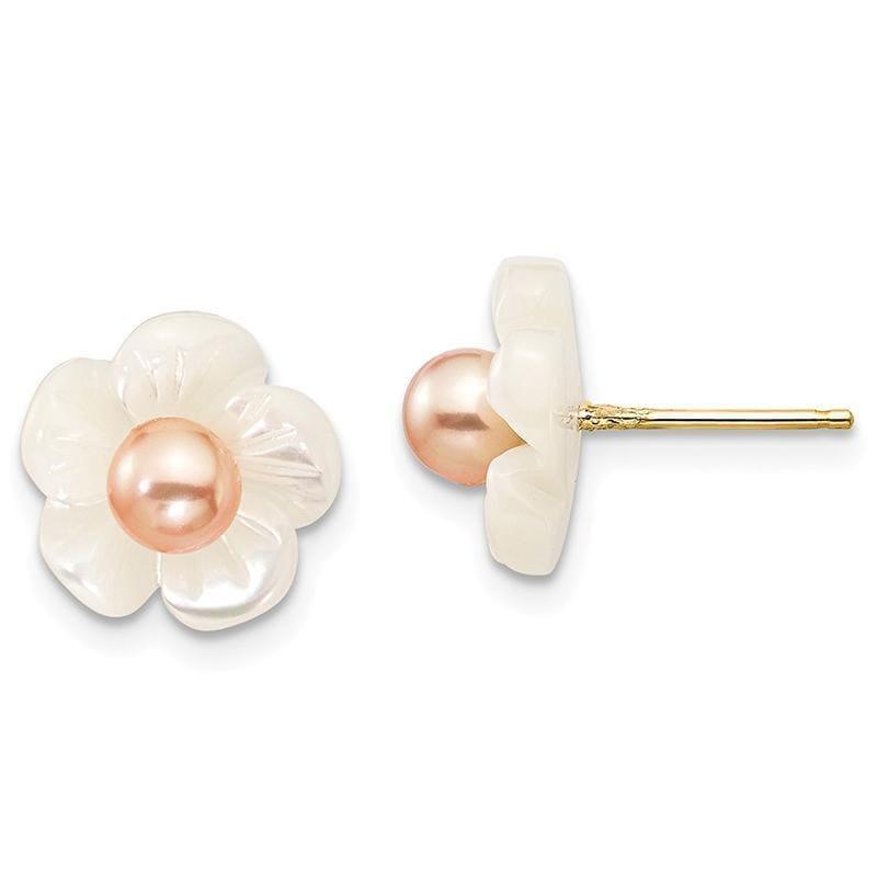 14k 3-4mm Pink FW Cultured Pearl w-10mm MOP Flower Post Stud Earrings - Seattle Gold Grillz