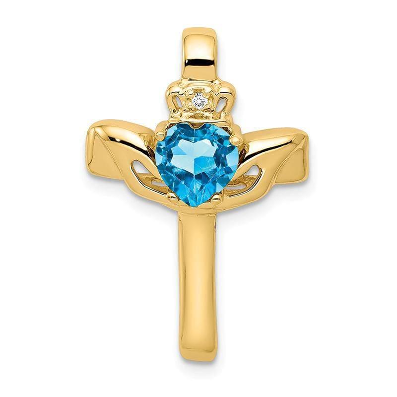 14k 6mm Heart Blue Topaz AA Diamond cross pendant - Seattle Gold Grillz