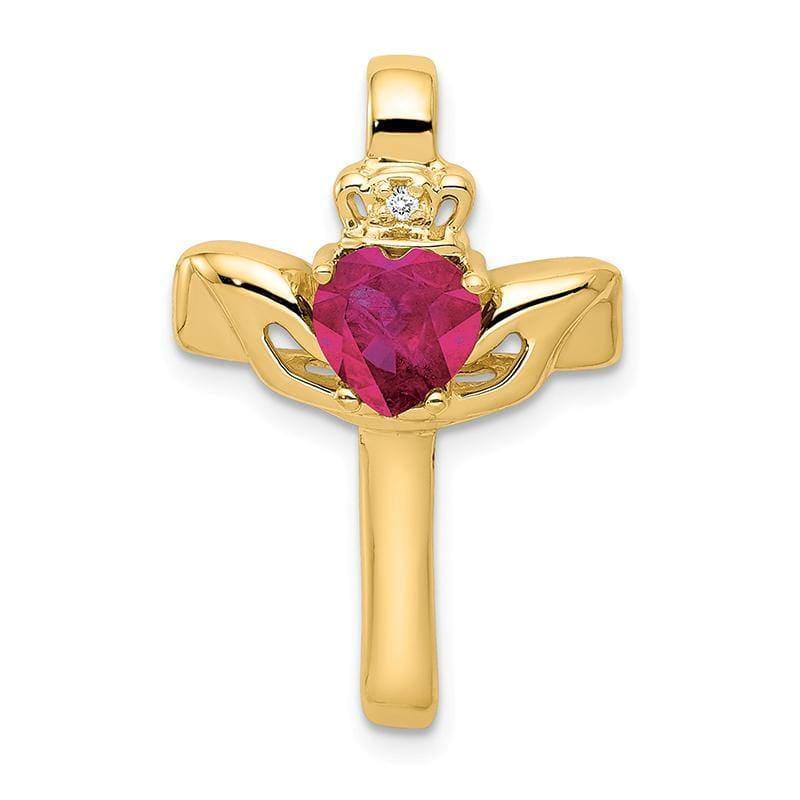 14k 6mm Heart Created Ruby A Diamond cross pendant - Seattle Gold Grillz